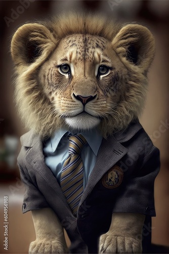 Baby lion in a business suit. Generative AI