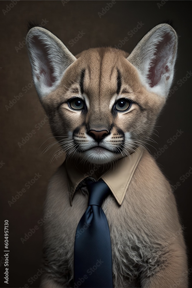 Portrait of baby puma in a business suit. Generative AI
