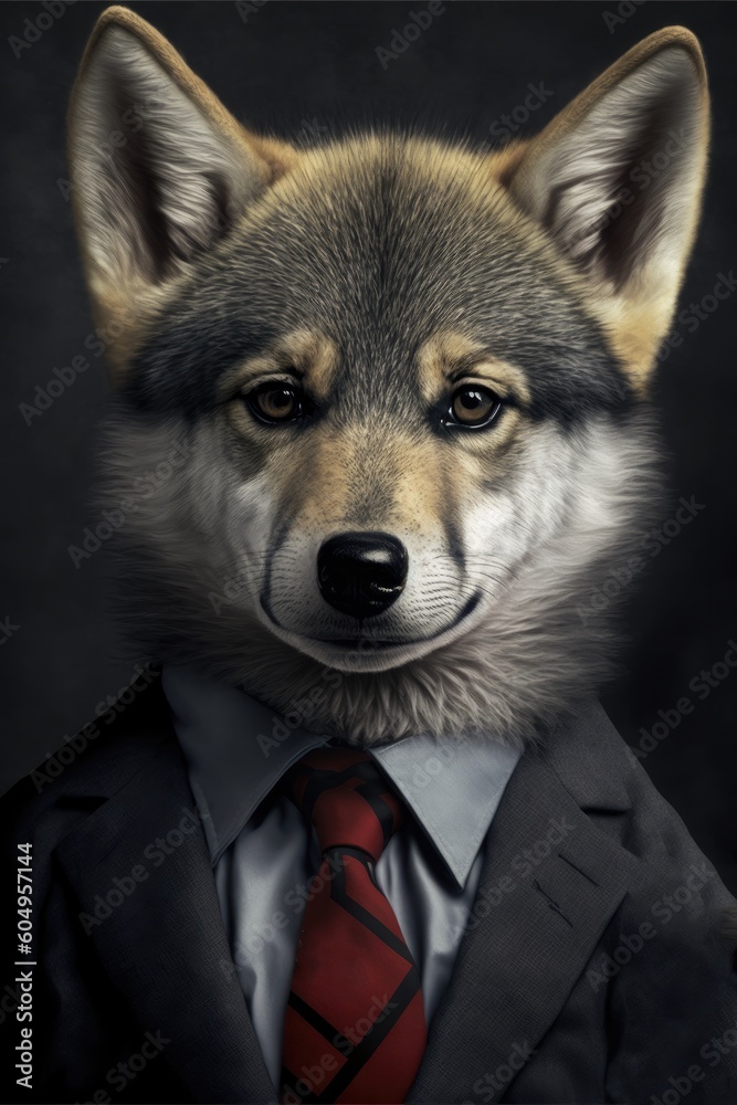 Portrait of baby wolf in a business suit. Generative AI