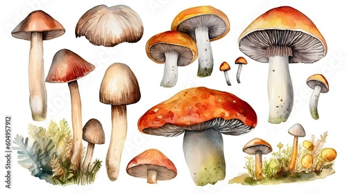 175. Set of watercolor mushroom vegetables on white background. Generative AI