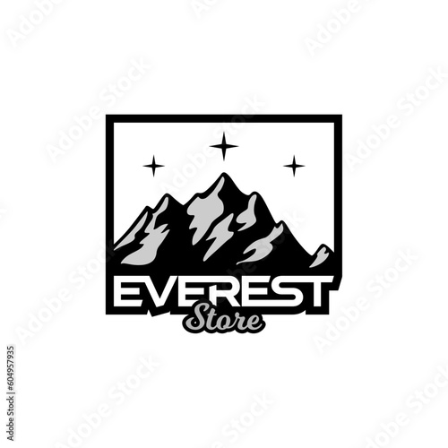 Hiking Equipment Store logo with everest illustration design, adventure shop emblem vector