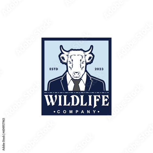 Cow Buffalo Businessman Label For Company Logo, Livestock, Film Director. Illustration of the Head of a Cow, Buffalo, Bull Wearing an Office Suit