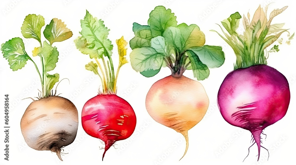 185. Set of watercolor radish vegetables on on white background. Generative AI 185. Set of watercolor radish vegetables on on white background. Generative AI