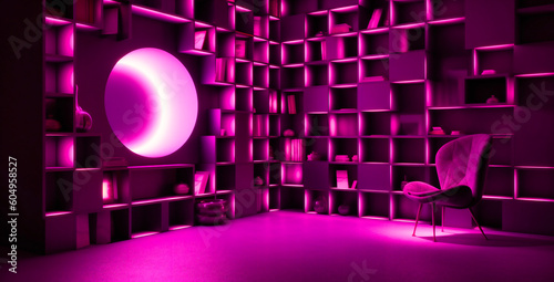 lighted purple wall with shelves and three empty cubes