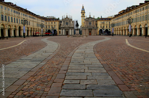 Panoramic view of Piazza San Carlo with Chiesa di San Carlo Borromeo and Chiesa di Santa Cristina in the historic center of the city of Turin (Torino) in northern Italy