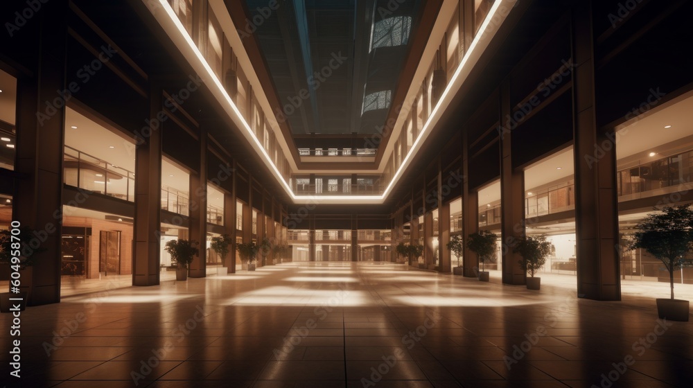 Photo of a bustling indoor shopping center during evening, lit up by warm internal lighting. Created by AI.