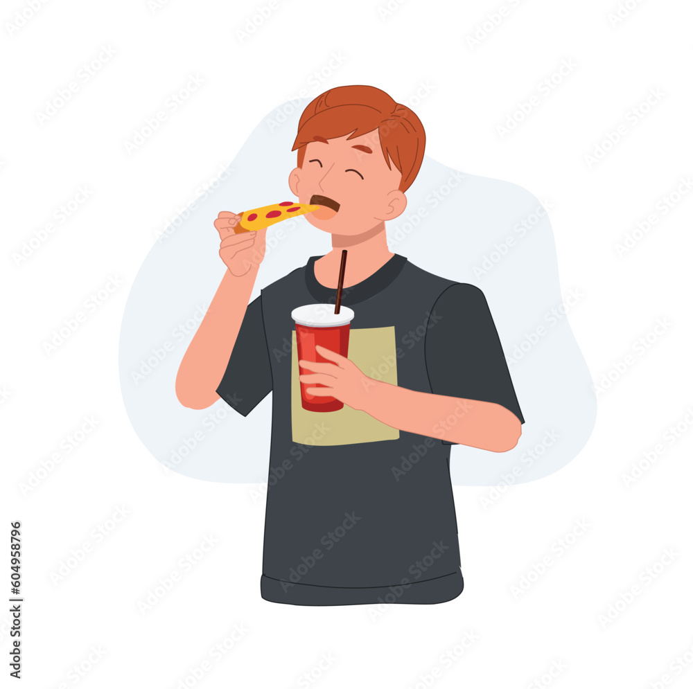 happy young man eating pizza and holding a glass of soft drink in other hand. Fast food, junk food. Flat vector cartoon illustration happy young man eating pizza and holding a glass of soft drink in other hand. Fast food, junk food. Flat vector cartoon illustration