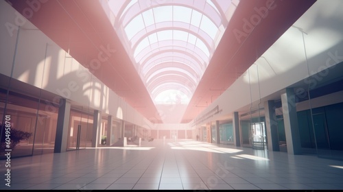 Indoor shopping mall captured in the evening, basking in the glow of warm indoor lights. Created by AI. photo