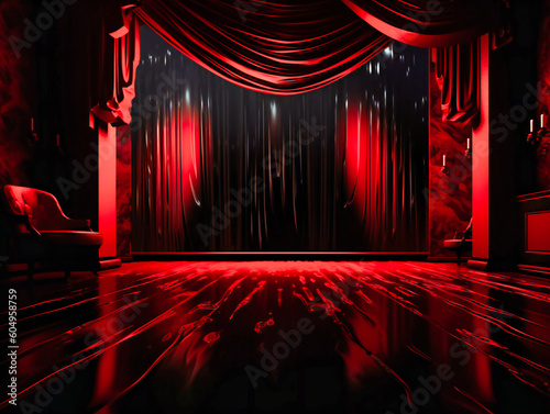 the red curtain reflected on the black floor