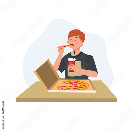 happy young man eating pizza from box and holding a glass of soft drink in other hand at home on table. Fast food, junk food. Flat vector cartoon illustration
