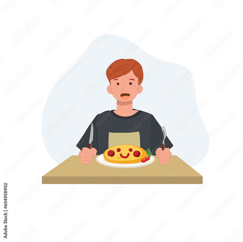 Smiling young man ready to having tasty japanese omelette rice. omelet rice. Person eating food, dish. girl having meal. Flat vector cartoon illustration Smiling young man ready to having tasty japanese omelette rice. omelet rice. Person eating food, dish. girl having meal. Flat vector cartoon illustration