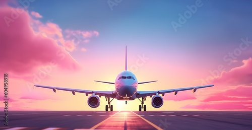Aircraft on the runway at sunrise. Airplane at the airport. Big passenger plane on the runway road and pink morning sky. Front view. Generative AI
