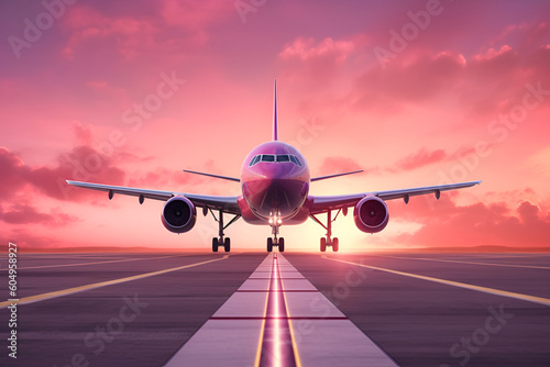 Aircraft on the runway at sunrise. Airplane at the airport. Big passenger plane on the runway road and pink morning sky. Front view. Generative AI