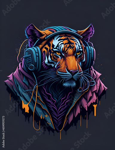 tiger wearing headphones, isometric vector t-shirt art, generative ai