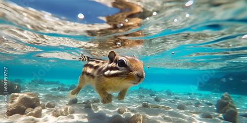 Chipmunk snorkeling in clear water of tropical sea or ocean surrounded by colorful fishes. AI generative  © paffy