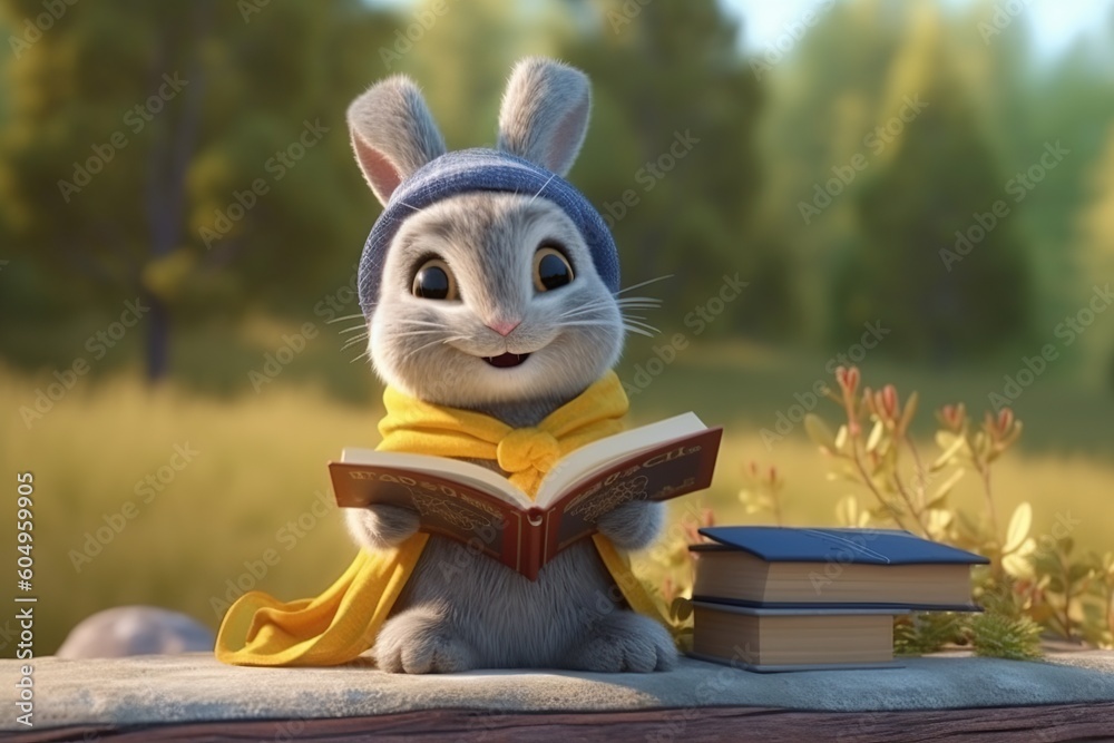 a cute adorable baby rabbit with coat, cap and book in nature rendered ...
