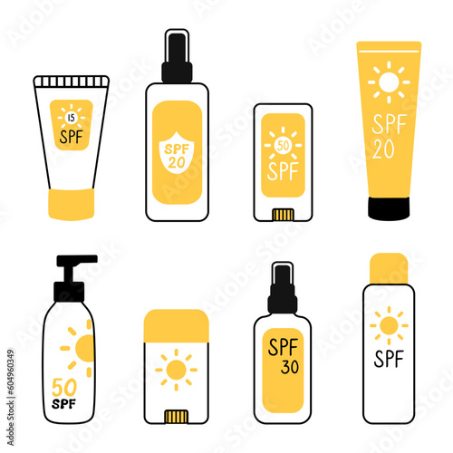 Collection of sunscreen products in doodle cartoon flat style. Cream, bottles and spray with SPF.