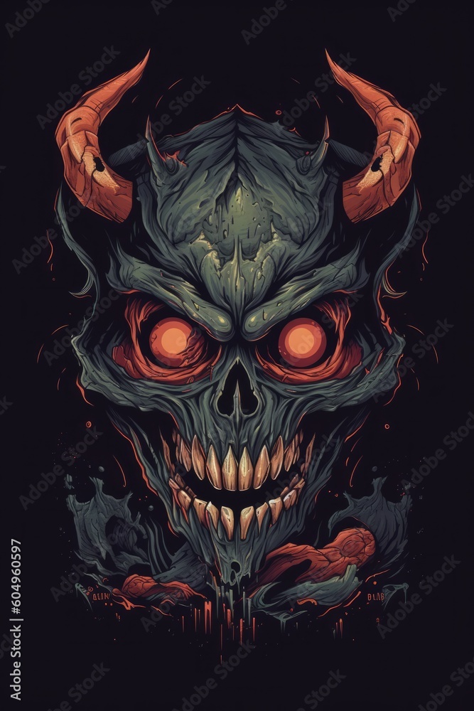 Cartoon Demon skull Tshirt design. Generative AI