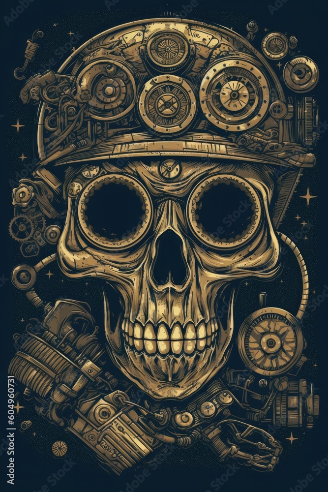 Cartoon Steampunk skull Tshirt design. Generative AI Cartoon Steampunk skull Tshirt design. Generative AI
