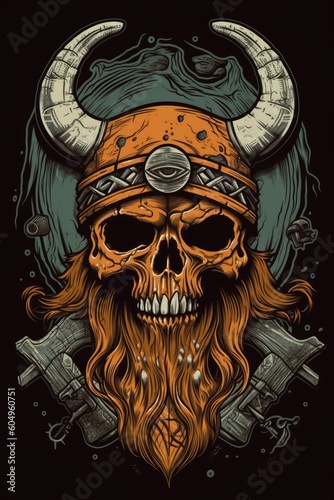 Cartoon Viking skull Tshirt design. Generative AI