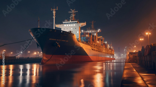 Night view of cargo ship docked at the logistics port
