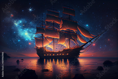Ancient ship night stars. AI Generated