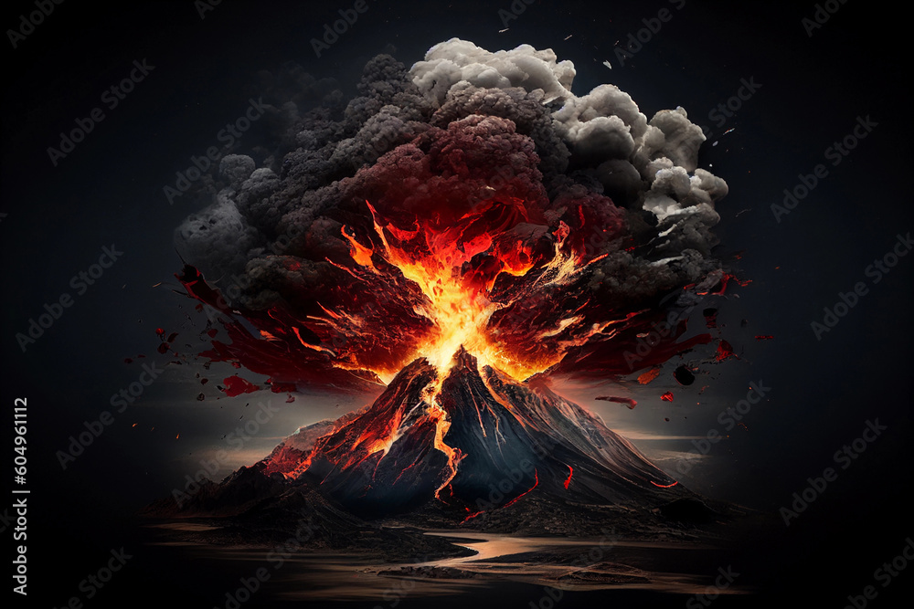 Volcano and eruption with fire and ash. AI Generated - obrazy, fototapety, plakaty 