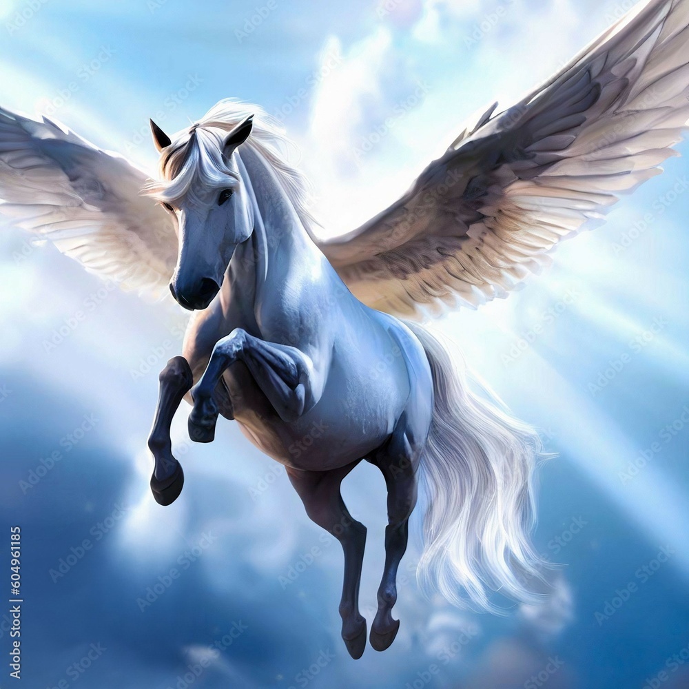 Flying white Horse in the blue sky, AI generator