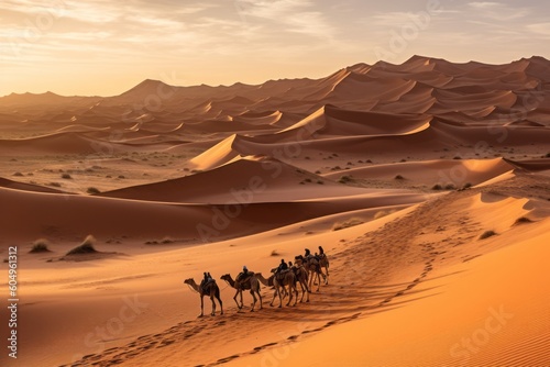 A stunning desert landscape image featuring the golden dunes of the nearby Sahara Desert  with a camel caravan in the distance  evoking the sense of adventure and exploration. Generative Ai