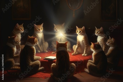 Group of cats forms a secret society dedicated to solving mysteries and unmasking the true identity of the mysterious laser pointer dot illustration generative ai photo