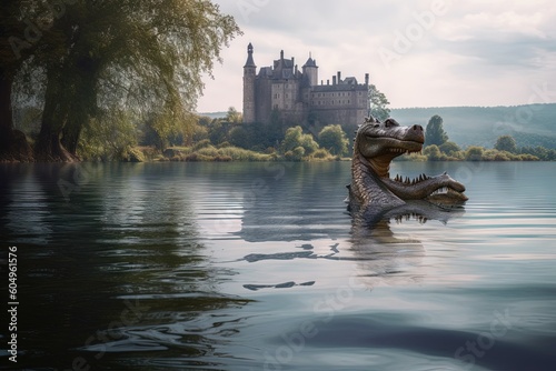 Loch ness lake monster with a castle on background illustration generative ai photo