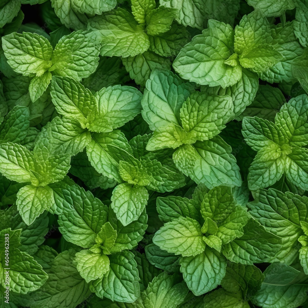 Fresh mint leaves arranged in a neat pattern, showcasing their vibrant green color and natural texture. Generative AI Fresh mint leaves arranged in a neat pattern, showcasing their vibrant green color and natural texture. Generative AI