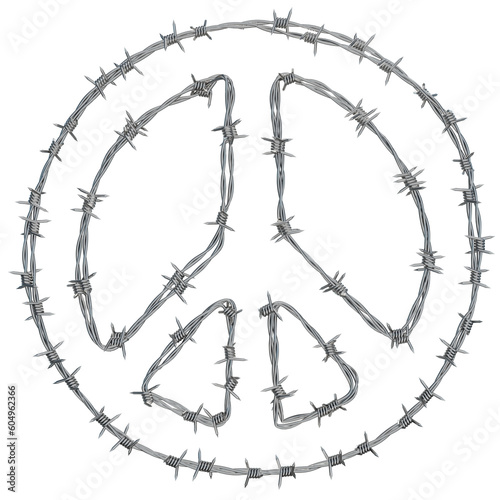 a 3D illustration of a peace symbol created from metal barbed wire