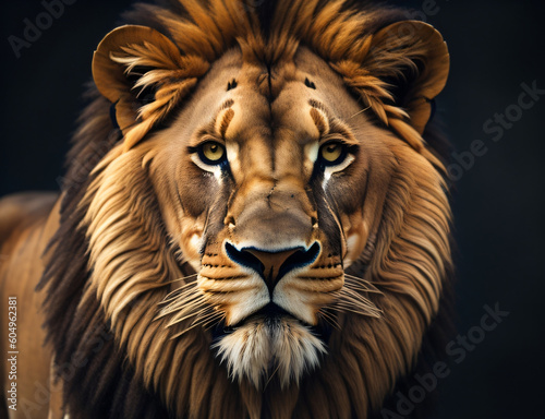 a close up of a lion's face on a black background, face of an lion, portrait of a lion, head of a lion, lion icon, aslan the lion, safari background, lion head, animal portrait, Generative AI