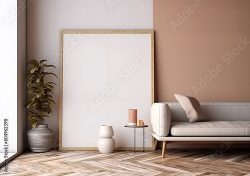 Interior of modern living room with houseplants, sofa frame mockup, AI Generated