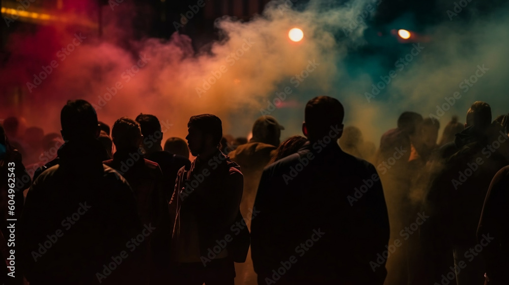 Crowded street with people at night time, neon smoke. Generative ai