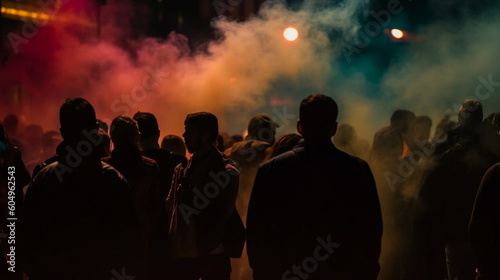 Crowded street with people at night time, neon smoke. Generative ai © GaMe