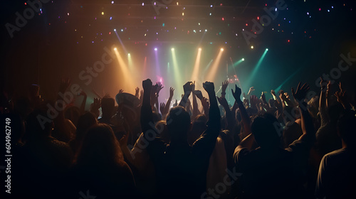 Vibrant concert crowd with hands raised and colorful light beams. Generative ai © GaMe