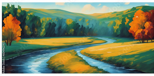 River flow through meadow. AI generated illustration