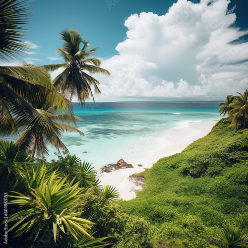 Beautiful seascape at sunset. Aerial view of the ocean waves breaking on the beach.Tropical beach with palm leaves.