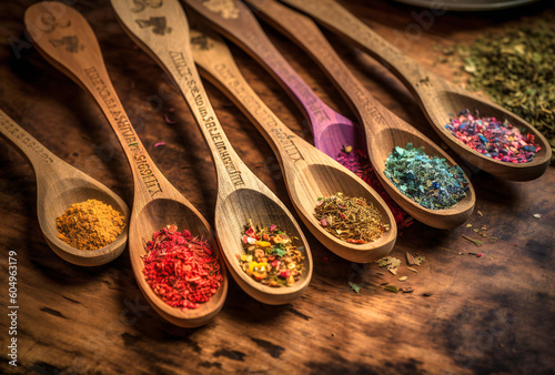 spices on spoons with different colors and seasonings