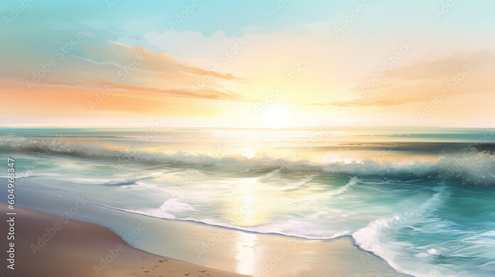Fototapeta premium Beautiful seascape at sunset. Aerial view of the ocean waves breaking on the beach.Tropical beach with palm leaves.