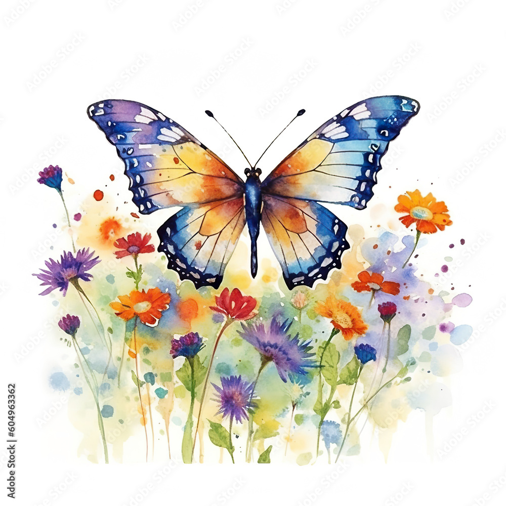 A watercolor painting of a butterfly in a field of flowers. Generative AI. A watercolor painting of a butterfly in a field of flowers. Generative AI.