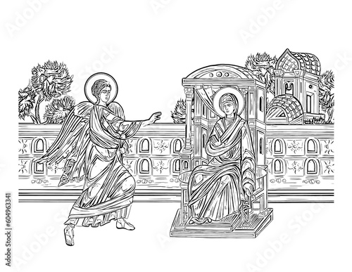 Annunciation to the Blessed Virgin Mary. Whole illustration in Byzantine style. Coloring page on white background