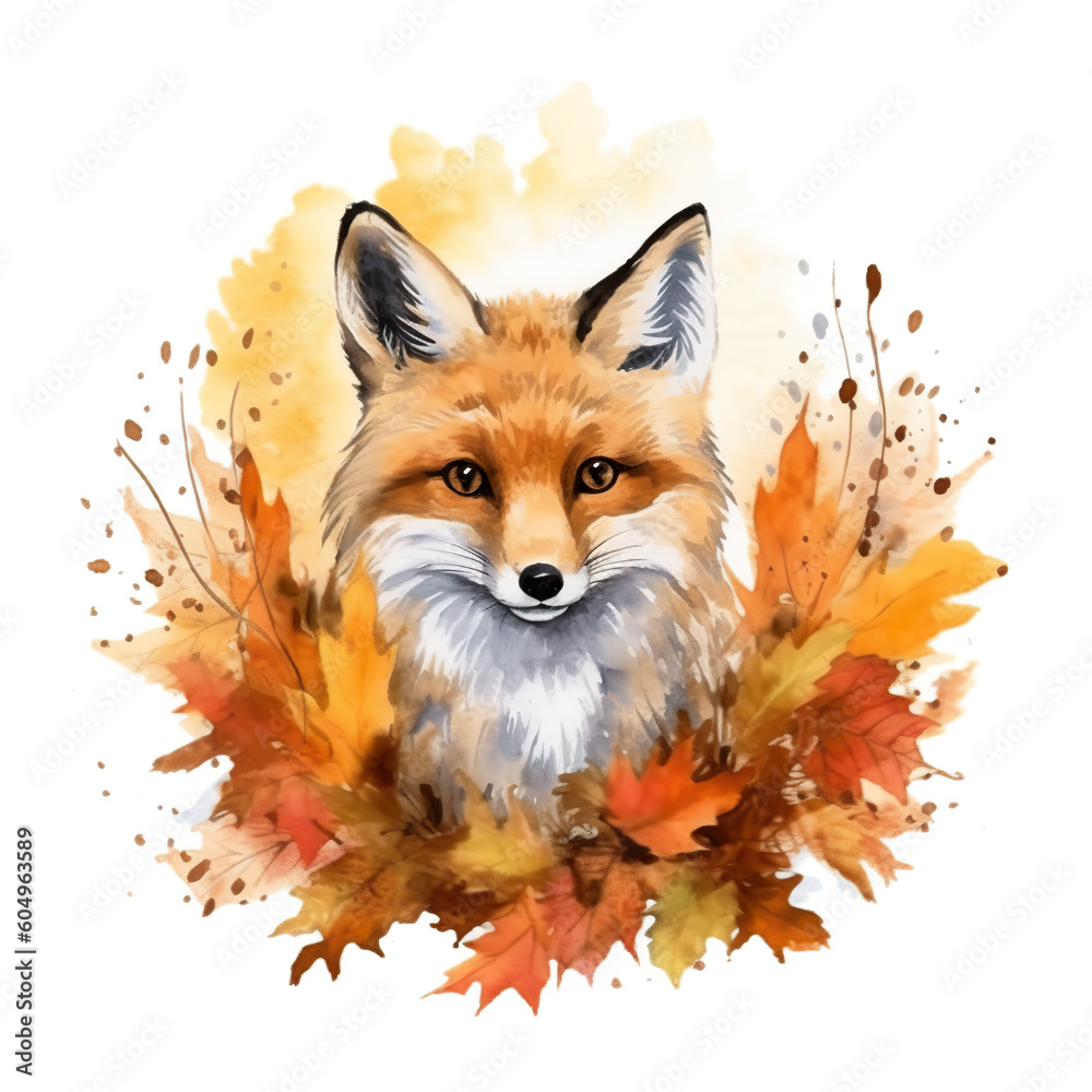 Fototapeta premium A watercolor painting of a fox surrounded by autumn leaves. Generative AI.