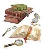 Antique books, pocket watches, magnifying glass and pince-nez