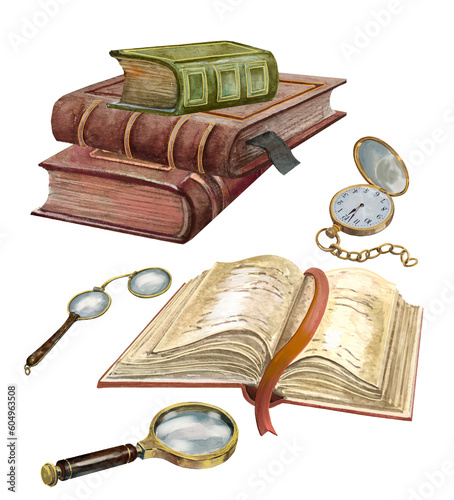 Antique books, pocket watches, magnifying glass and pince-nez