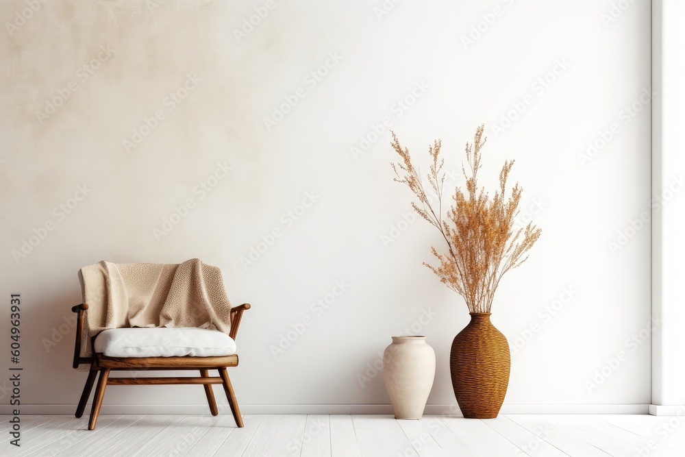 Stylish bedroom interior design in boho style big windows, natural day light. Generative AI Stylish bedroom interior design in boho style big windows, natural day light. Generative AI