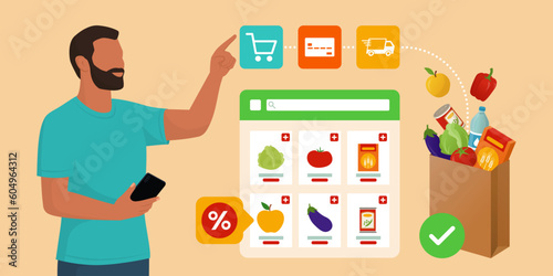 Man doing grocery shopping online