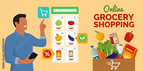 Man doing grocery shopping online